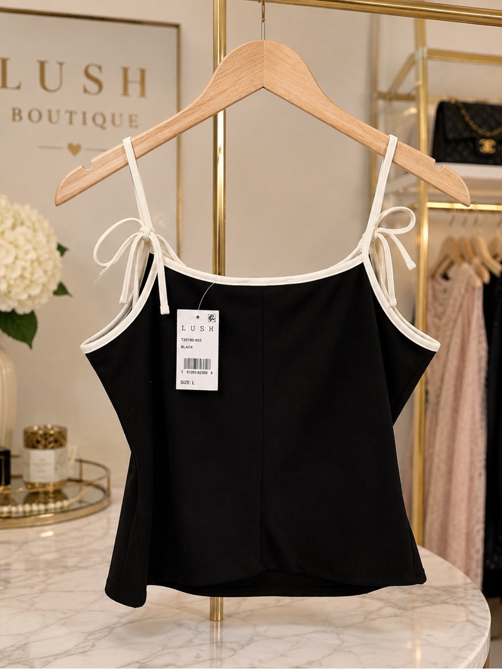 LUSH Black Ivory Contrast Tie Strap Cami Corset Tank Top Size L NWT